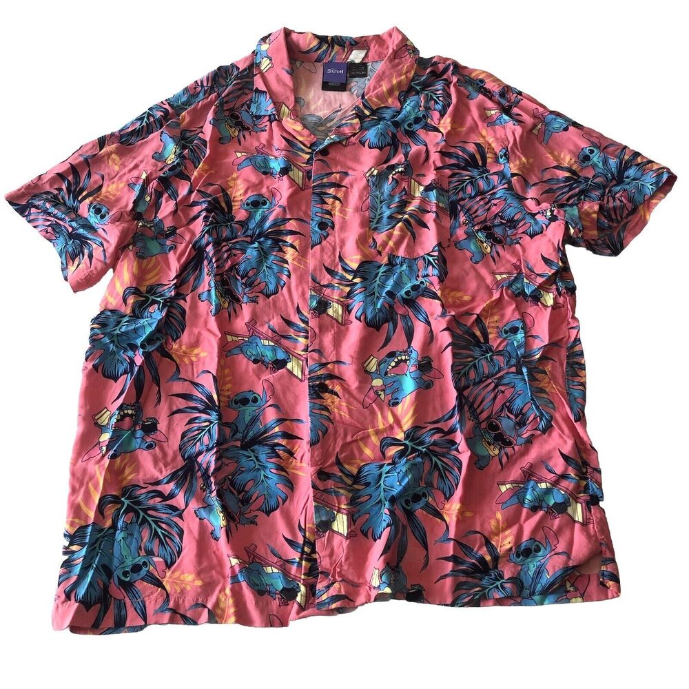 Disney Stitch Print Hawaiian Mens Shirt Button Down Tropical Pink Size 3XL